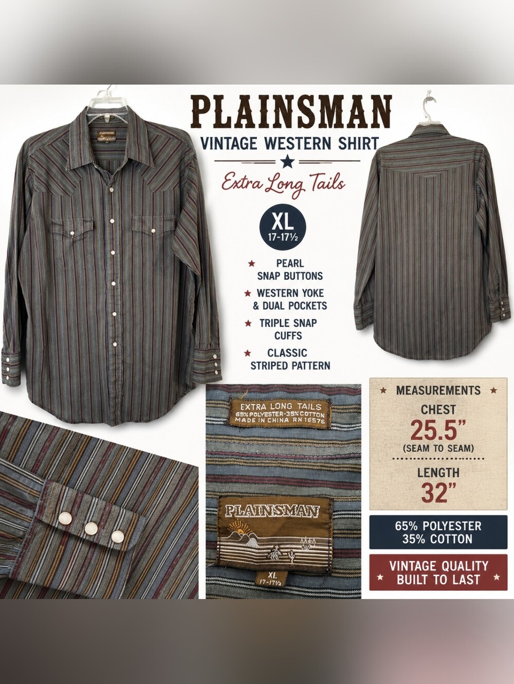 Vintage Plainsman Western Snap Shirt XL Extra Long Tails Striped Pearl Snap